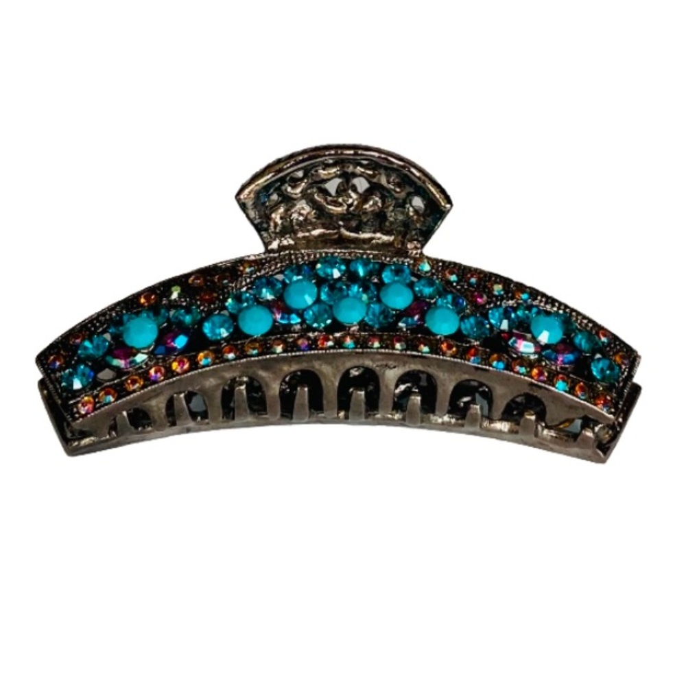 Turquoise, Rhinestone and Gunmetal Claw Hair Clip Gorgeous 3.25” Made in France